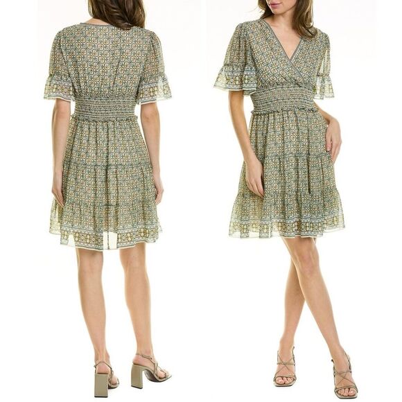 NWT Max Studio Tiered A-Line Flutter Sleeve Dress Cream Green Floral Size Medium - Picture 14 of 14